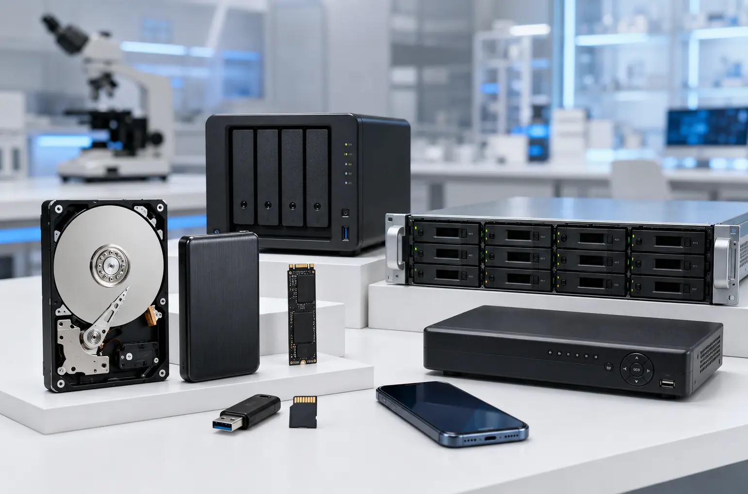 هارد دیسک، حافظهٔ SSD، فلش USB و کارت حافظه کنار هم روی میز آزمایشگاه