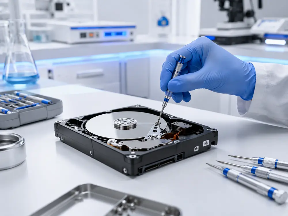 کارشناس با دستکش در حال باز کردن هارد دیسک با پیچگوشتی تخصصی روی میز کار آزمایشگاه IranHDD