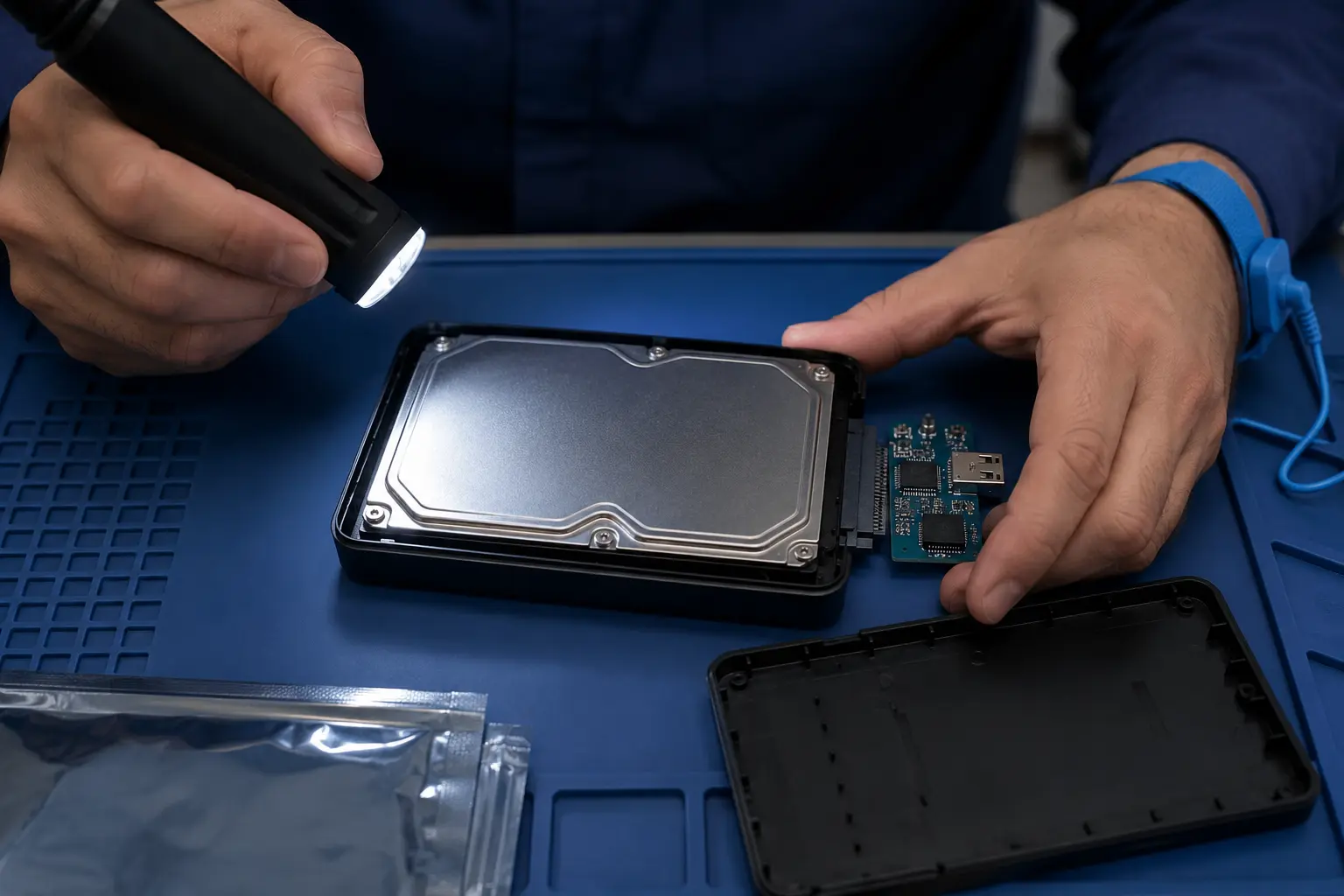 هارد بسته و سالم در کنار برد مبدل USB به SATA داخل قاب اکسترنال